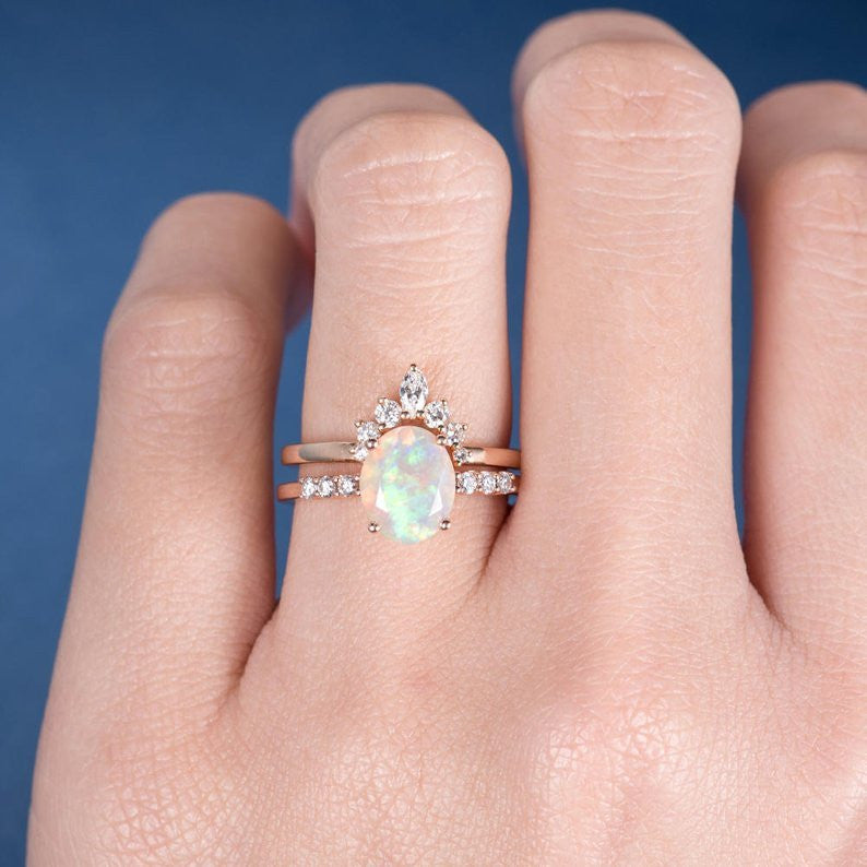 yellow gold Opal Ring-Gold Opal Ring-Opal Wedding Ring Set