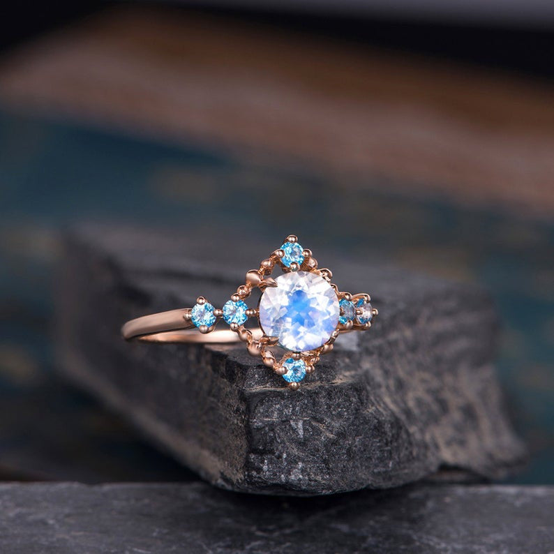 Moonstone Engagement Ring And Blue Topaz-BBBGEM 5mm Rainbow Moonstone Topaz Wedding Ring