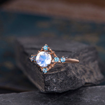 Rainbow Moonstone Ring-BBBGEM 5mm Rainbow Moonstone Topaz Wedding Ring