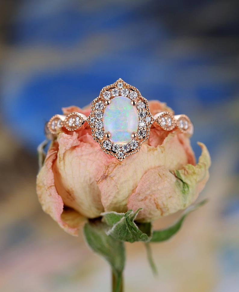 Rose Gold Opal Ring-BBBGEM Oval Opal Ring