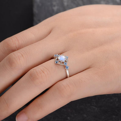 Rose Gold Moonstone Engagemaent Ring-BBBGEM 5mm Rainbow Moonstone Topaz Wedding Ring