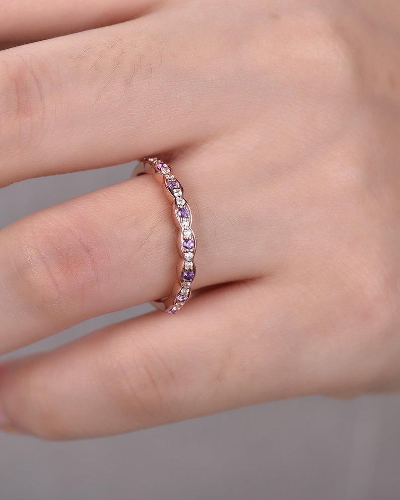 Half Eternity Amethyst Diamond Wedding Band