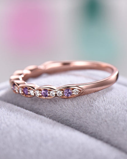 Amethyst Diamond Wedding Band Engagement Ring 14k Rose Gold Half Eternity Antique Marquise Bridal Stacking Birthstone