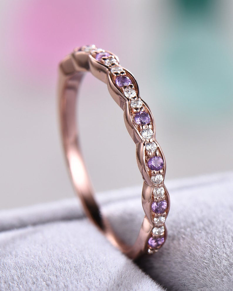 Half Eternity Amethyst Diamond Wedding Band