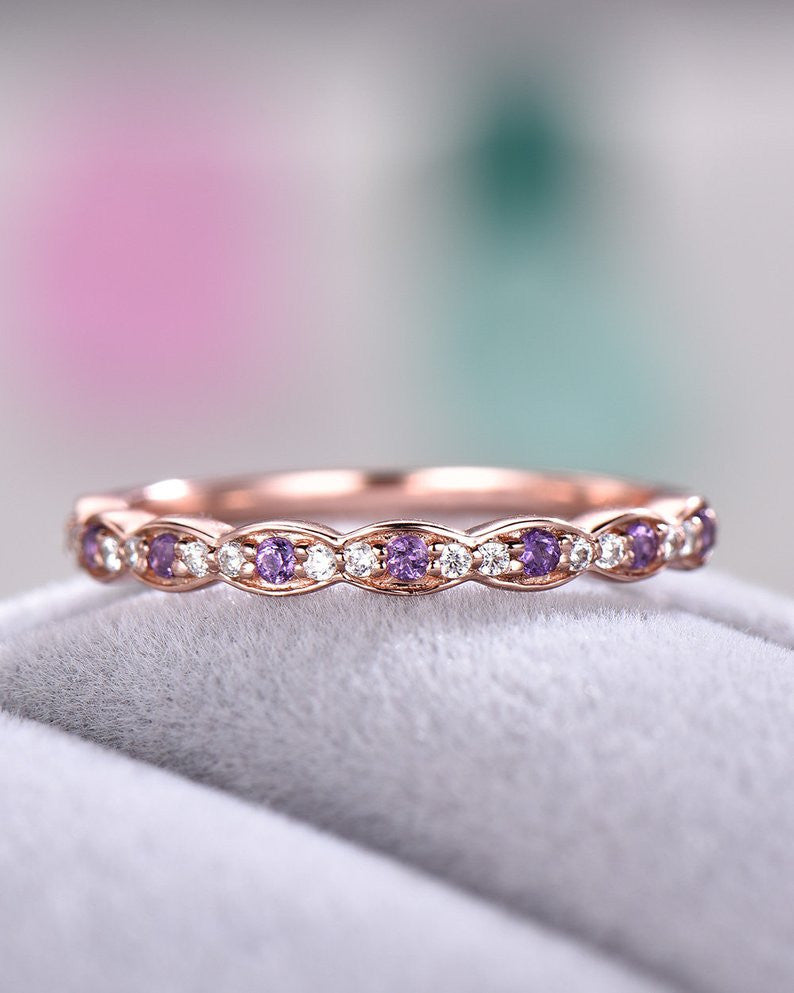 Half Eternity Amethyst Diamond Wedding Band