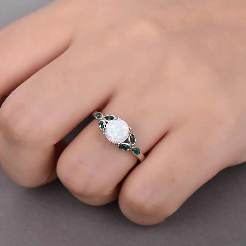 Fire Opal Ring-BBBGEM Opal And Emerald Ring