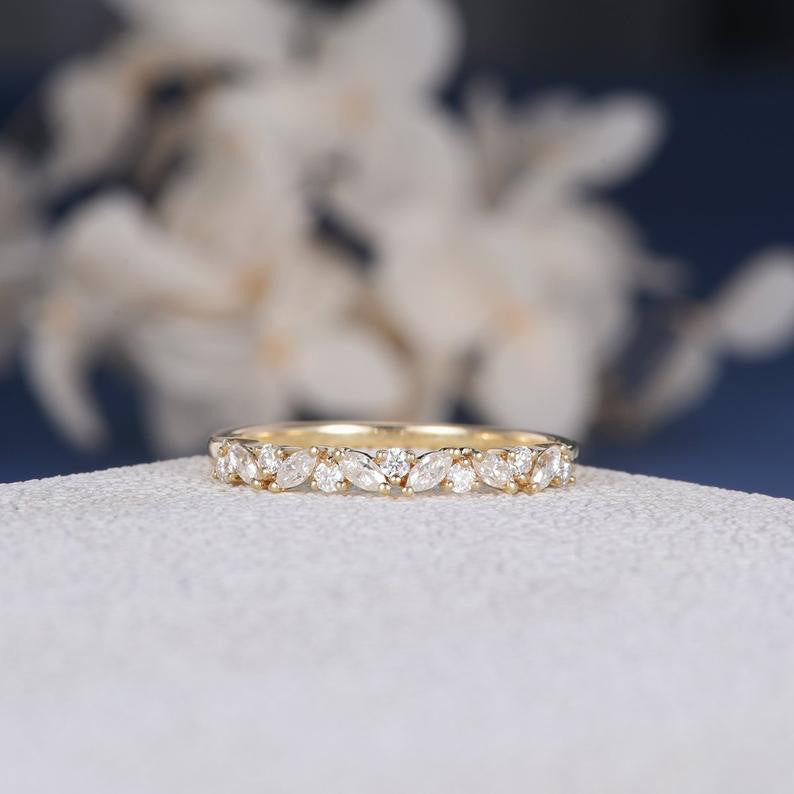 Cluster Moissanite  Wedding Band Yellow Gold-BBBGEM Marquise Dot Moissanite Wedding Band