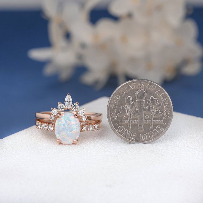 Oval Cut Opal Engagement Ring Rose Gold -Opal Jewelry Set