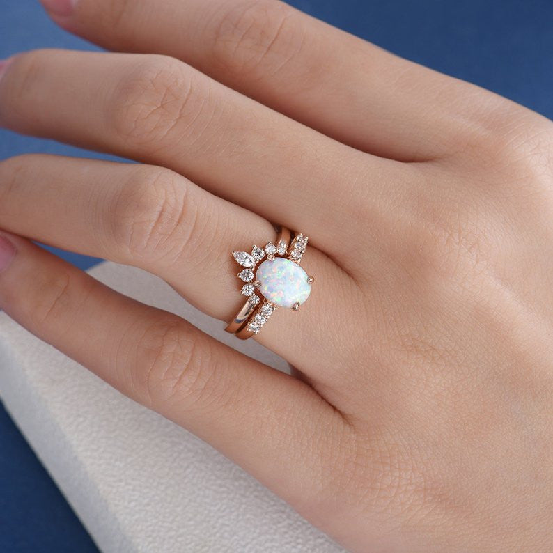 Oval Cut Opal Engagement Ring Rose Gold in hand-Opal Stackable Ring