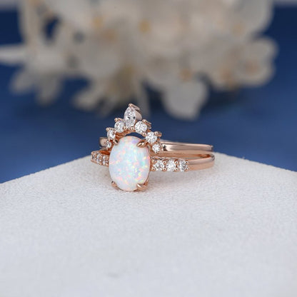 Fire Opal Ring Set-Opal Diamond Engagement Ring-Rose Gold Opal Ring