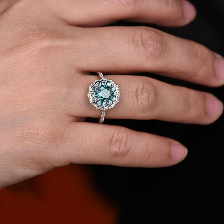 alexandrite ring in hand-BBBGEM Halo Alexandrite Ring