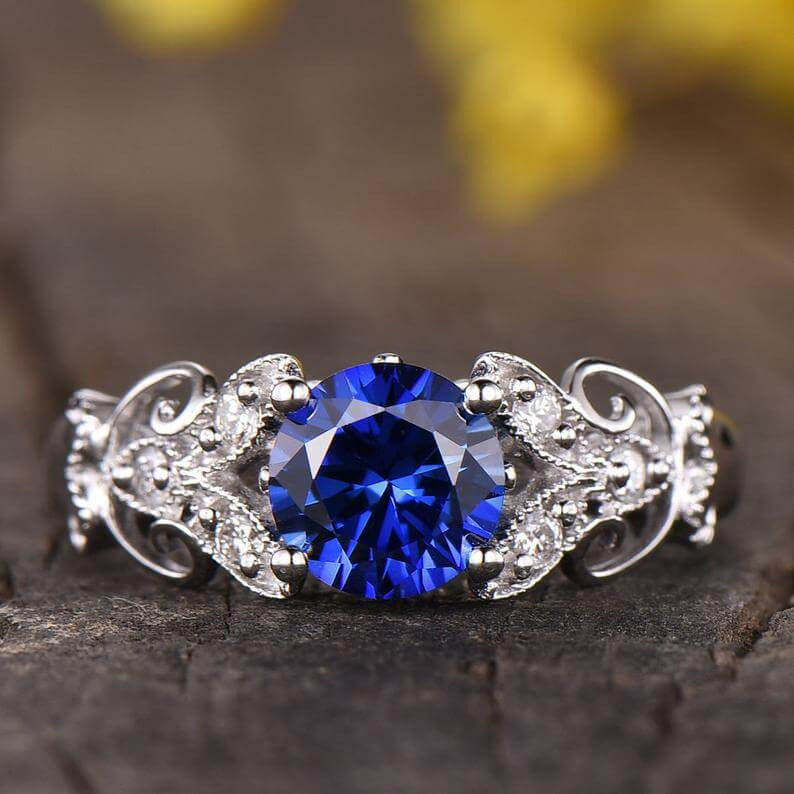 Floral Sapphire Engagement Ring-BBBGEM Round Sapphire Ring