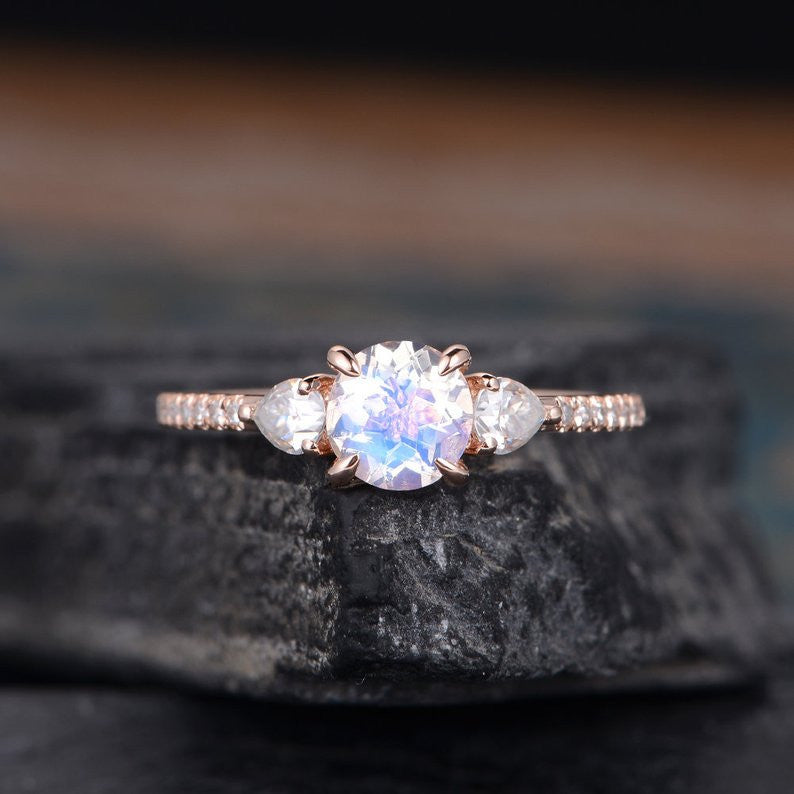 three stones moonstone engagement rings