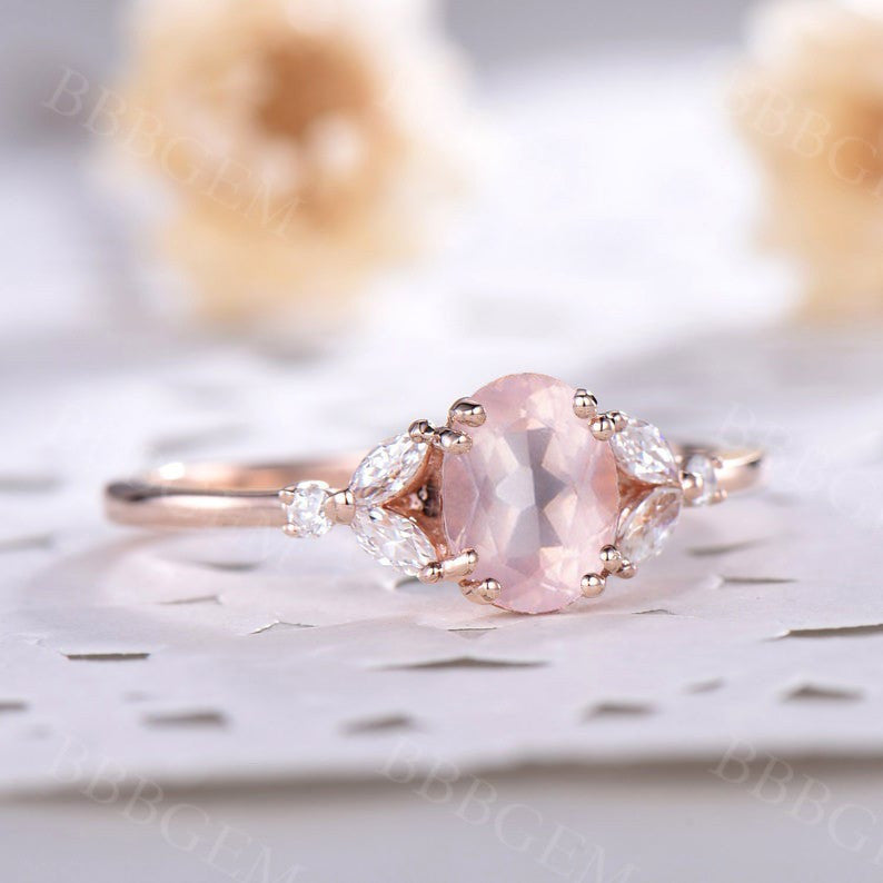 Unique Oval Cut Rose Gold 1CT Natural Rose Quartz Engagement Ring