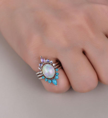 Opal Engagement Ring,Vintage Bridal Set,3pcs,Moonstone And Turquoise Band