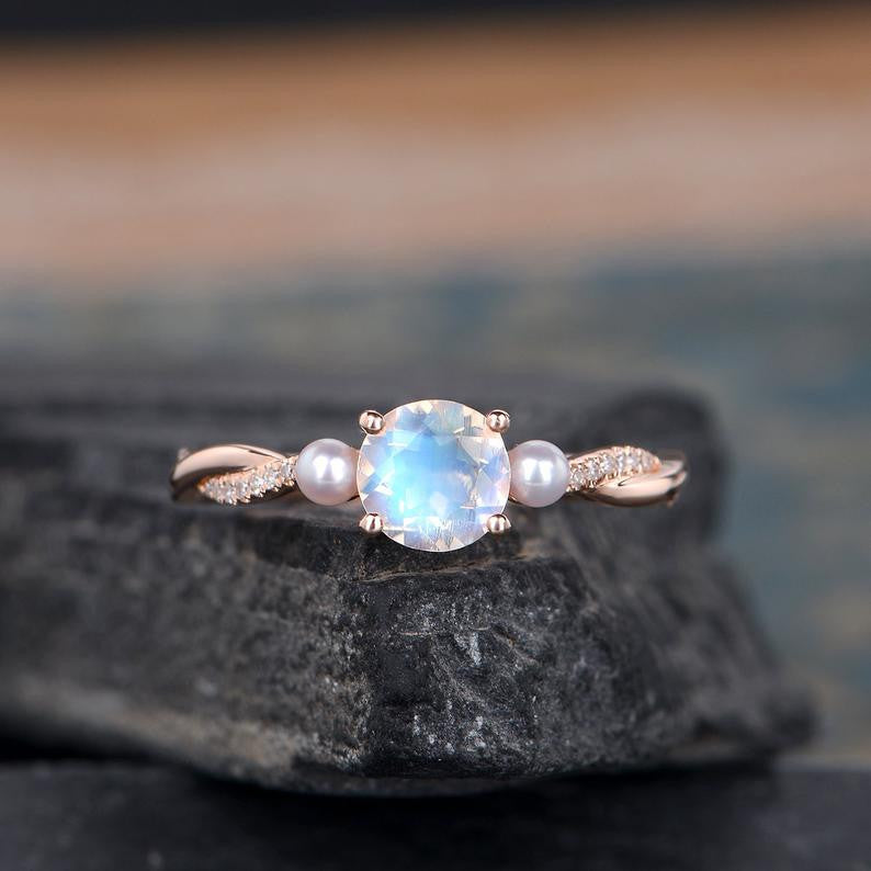 Rose Gold Moonstone And Pearl Engagement Ring -BBBGEM Moonstone And Pearl Ring