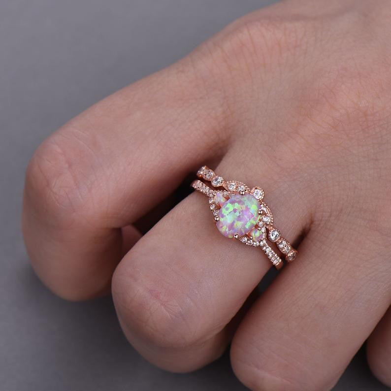 Pink Fire Opal Rose Gold Wedding Engagement Ring Set 14k Sterling Silver CZ Diamond Matching Band Vintage Bridal Promise Anniversary Gift