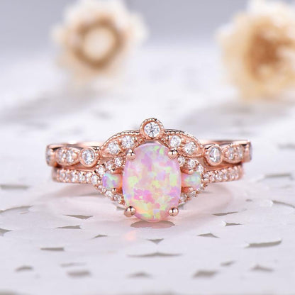 pink opal engagement rings rose gold plated-BBBGEM three stone opal bridal set