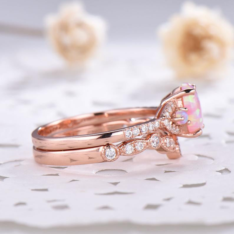 pink opal engagement rings rose gold plated-BBBGEM three stone opal bridal set