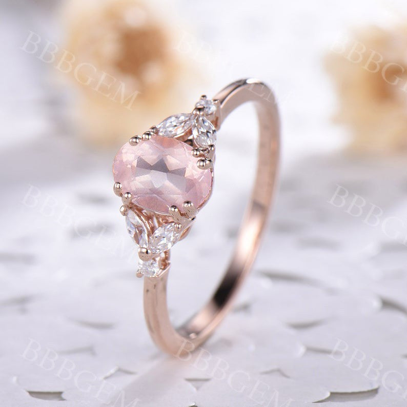 Unique Oval Cut Rose Gold 1CT Natural Rose Quartz Engagement Ring