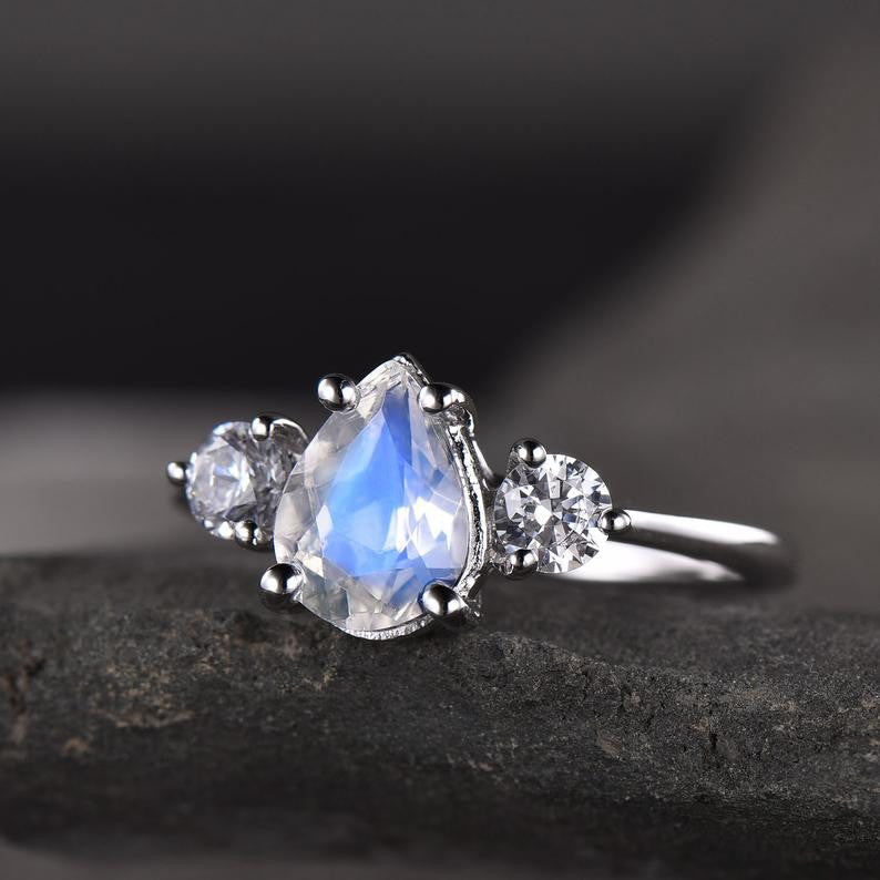 Vintage Female Pear Moonstone Engagement Ring Silver/White Gold Three Stone