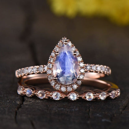 Rainbow moonstone engagement ring set-BBBGEM Pear Shaped Moonstone Engagement Ring