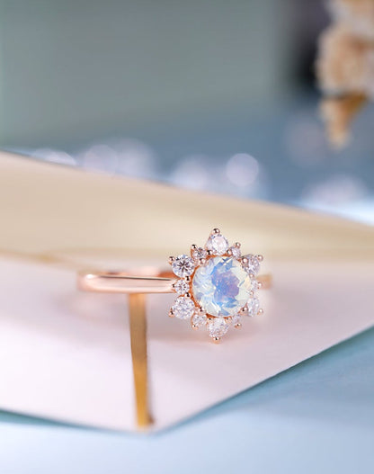 Floral Female Moonstone Engagement Ring Rose Gold women-no002