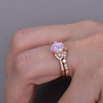 pink opal engagement rings rose gold plated-BBBGEM three stone opal bridal set