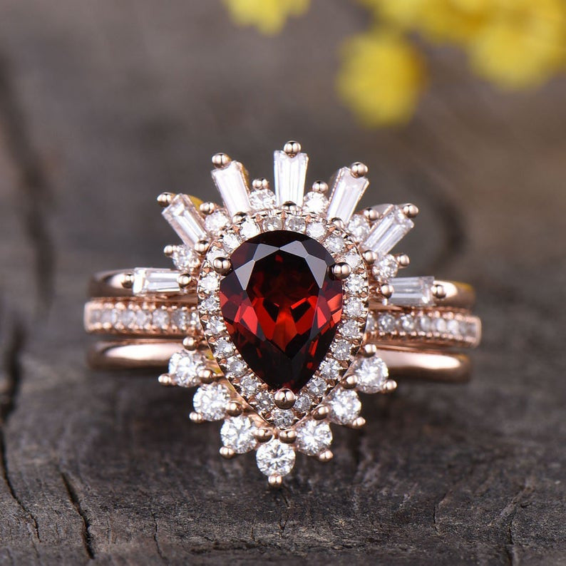 Pear Garnet Wedding Set-BBBGEM 1.2 Carat Garnet Bridal Set