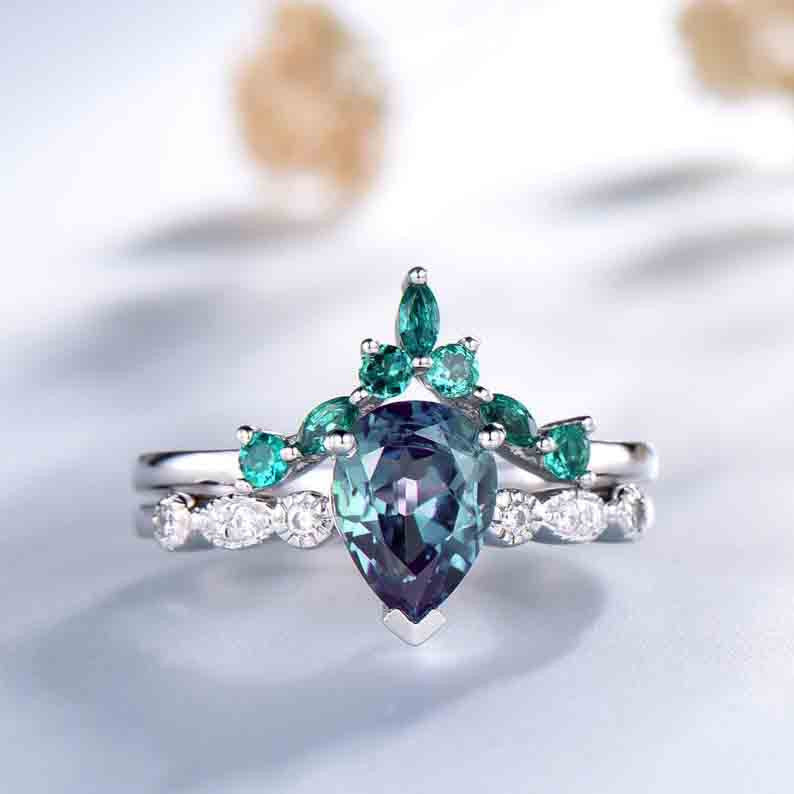 Pear alexandrite diamond ring and emerald wedding band white gold 0