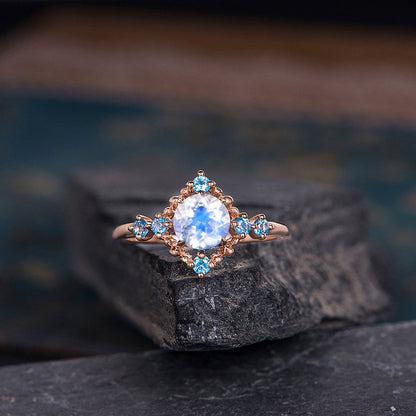 Moonstone Engagement Ring-BBBGEM 5mm Rainbow Moonstone Topaz Wedding Ring