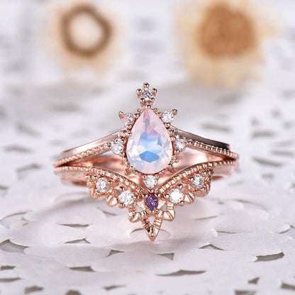 14K/18K Rose Gold Rainbow Moonstone Art Deco Bridal Set Diamond And Amethyst