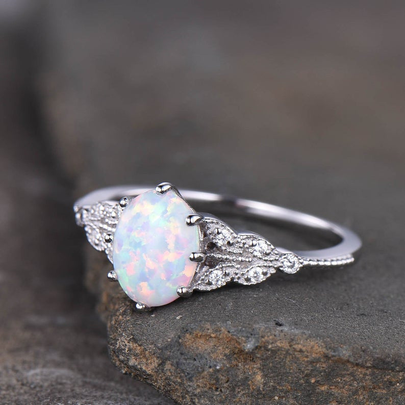 Female Opal Engagement Ring-Opal Engagement Rings White Gold