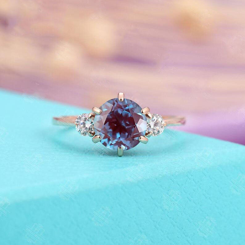 Three Stone Alexandrite Engagement Ring-BBBGEM 7mm Round Alexandrite Moissanite Engagement Rings