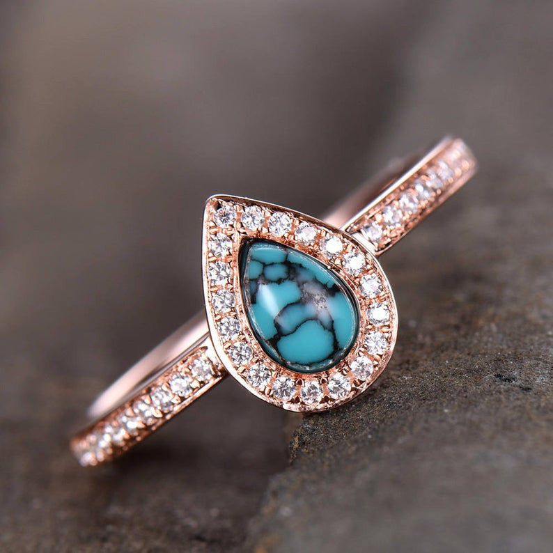 Halo Turquoise Engagement Ring-BBBEGM Pear Halo Turquise Wedding Ring