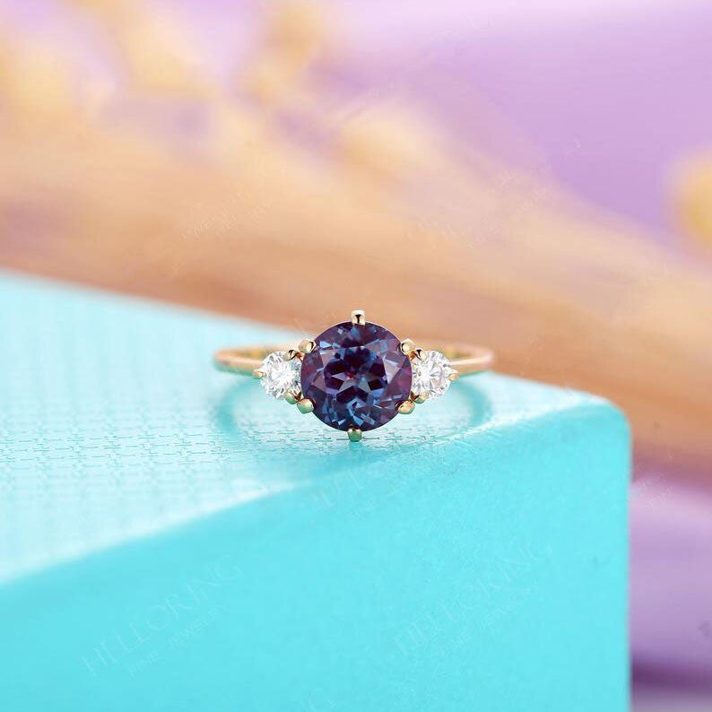 Alexandrite Rings For Sale-BBBGEM 7mm Round Alexandrite Moissanite Engagement Rings