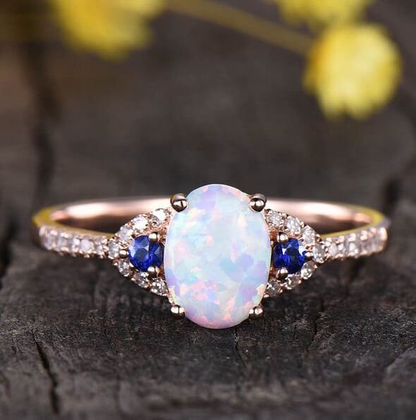 Opal and sapphire ring-BBBGEM Three Stone Opal And Blue Sapphire Ring