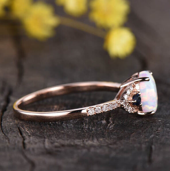 opal ring rose gold-BBBGEM Three Stone Opal And Blue Sapphire Ring