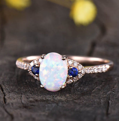 vintage opal engagement ring-BBBGEM Three Stone Opal And Blue Sapphire Ring