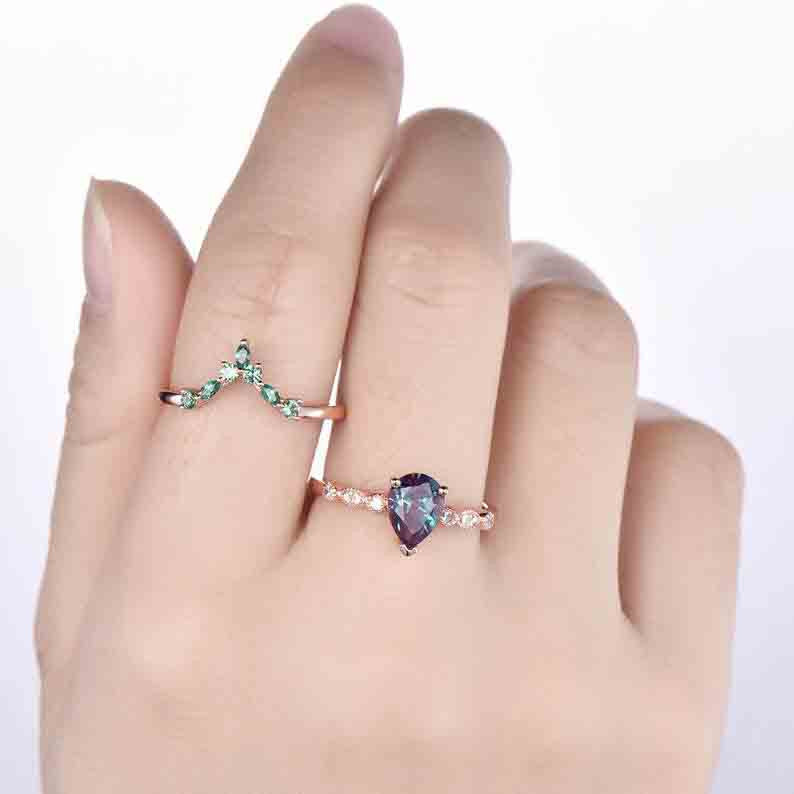 Pear alexandrite diamond ring and emerald wedding band 03