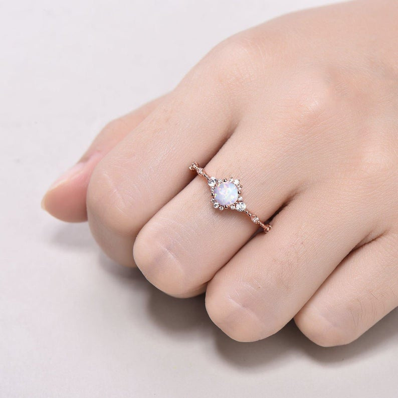 white opal engagement ring-BBBGEM Rose Gold Opal Diamond Engagement Rings