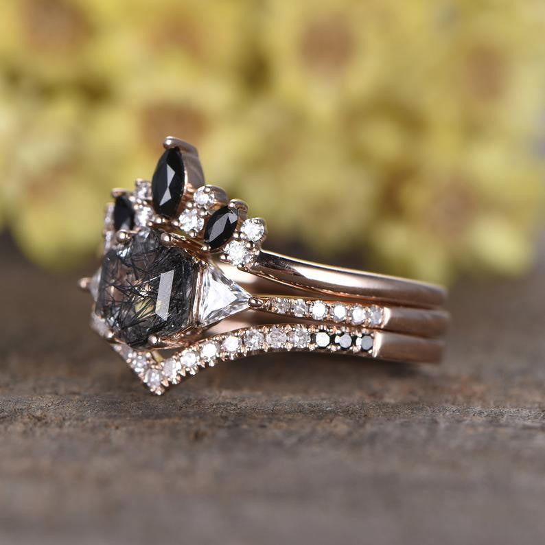 Black Rutilated Quartz Rose Gold Engagement Ring Set Diamond Wedding Band