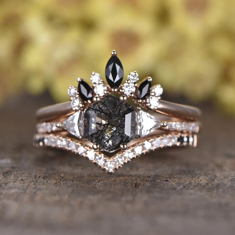 Black Rutilated Quartz Rose Gold Engagement Ring Set Diamond Wedding Band