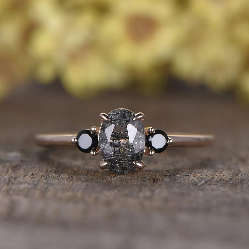 Black Rutilated Quartz Rose Gold Engagement Ring Black Spinel Wedding Ring Three Stone