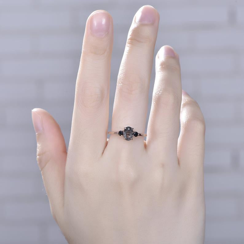 Three Stone Black Rutilated Quartz Rose Gold Engagement Ring Black Spinel Wedding Ring on Hand