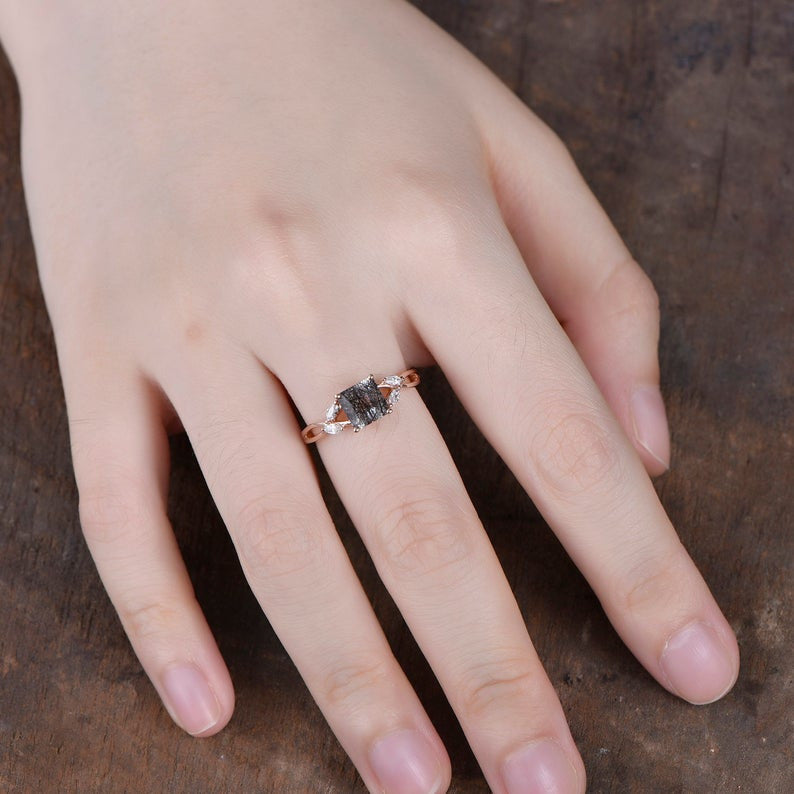 natural Black Rutilated Quartz ring-BBBGEM Princess cut rutilated quartz wedding ring