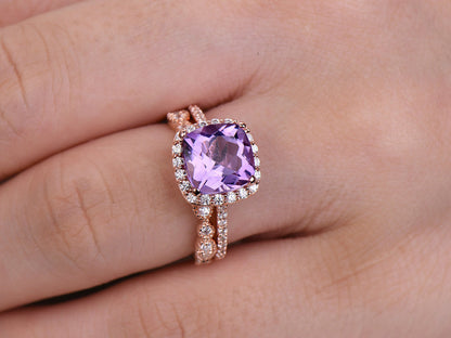 2pcs 8mm Cushion Amethyst Engagement ring petite rose gold plated CZ Bridal ring milgrain edge ring