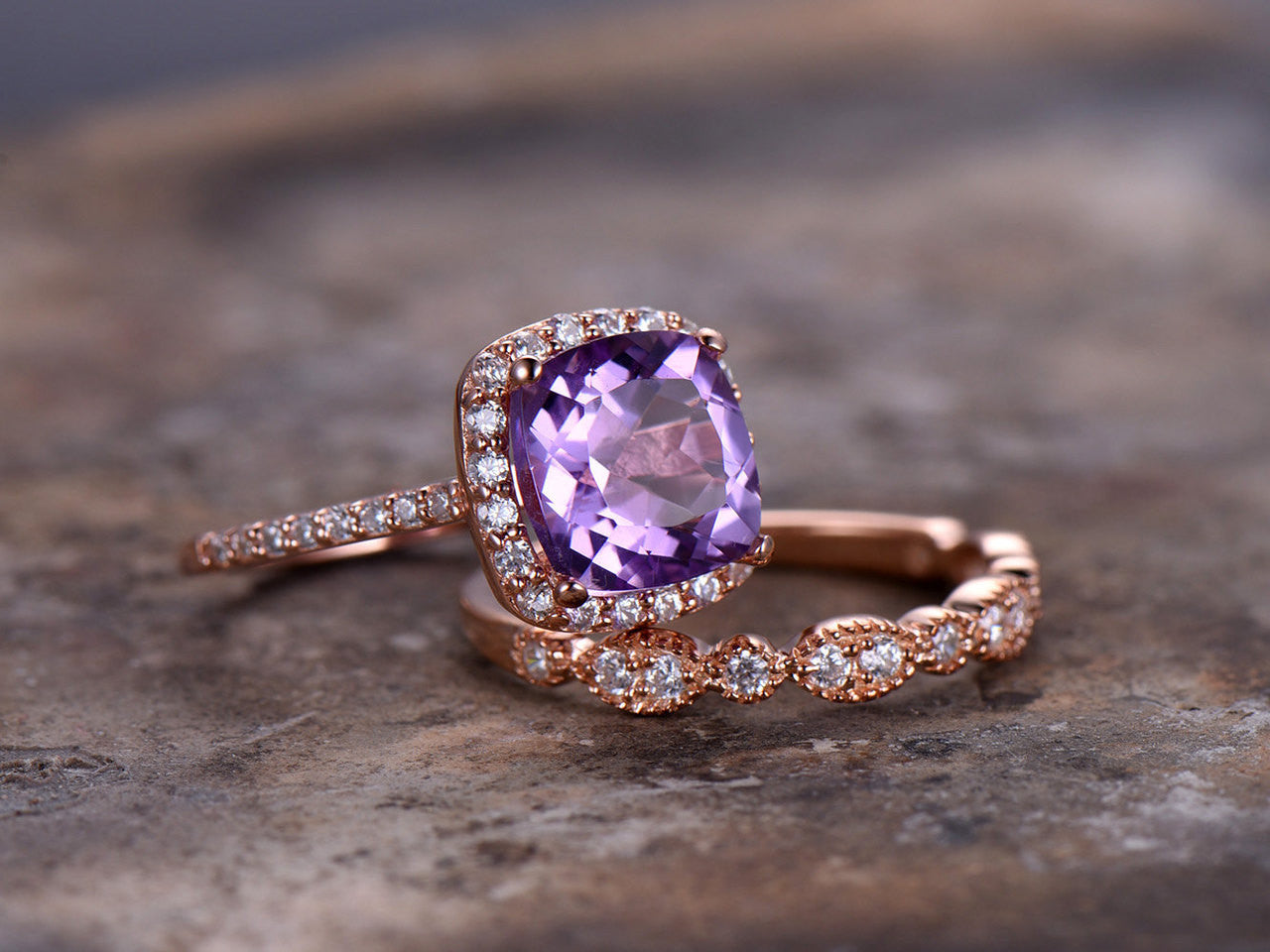 8mm Cushion Amethyst Engagement ring set 925 sterling silver