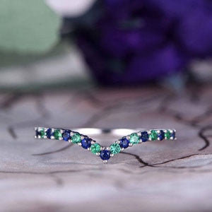 Natural Emerald & Sapphire Wedding Band,14k White Gold,Curved V,Anniversary,Promise ring,Half Eternity,Stackable,Bar Setting,Gift for her