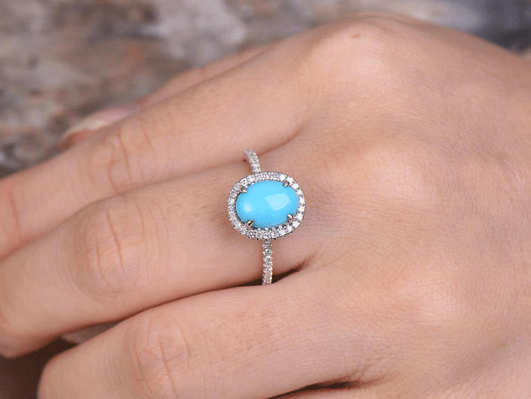 6x8mm Oval Cut Turquoise Engagement ring,white gold plated,925 sterling silver art deco wedding ring,Bridal ring,Women Halo ring